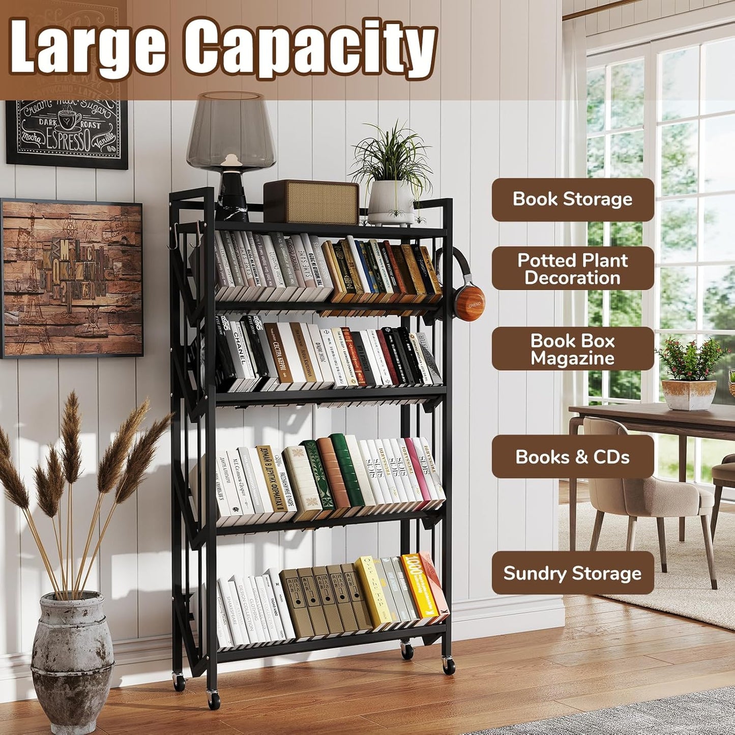Book Carts 5 Tier 57.7x35.4x9.84 in Rolling Book Cart Large Capacity Bookshelf Storage Rack Mobile Book Storage with Wheels Cart for Home Office Living Room Classroom (5 Tier Black)