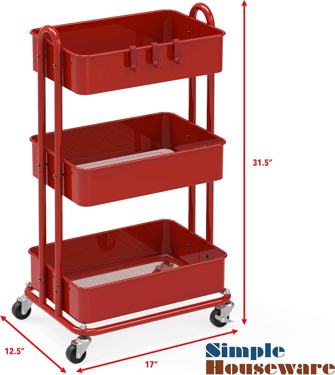 Simple Houseware 3-Tier Heavy Duty Metal Utility Rolling Cart, Red