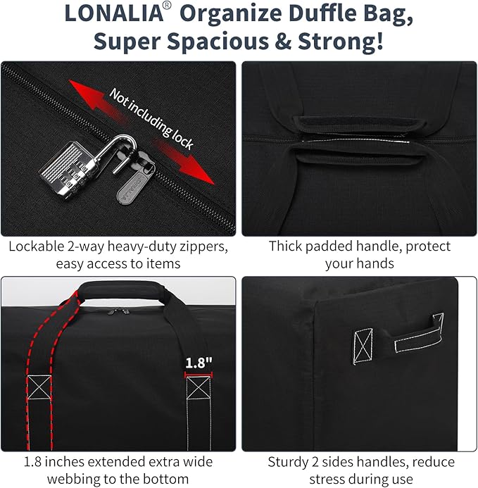 52 Inch Large Duffle Bag for Travel Camping - 180L Extra Large Heavy Duty Duffel Bag, Sport Equipment Storage Bag with 2 Sides Handles-Black