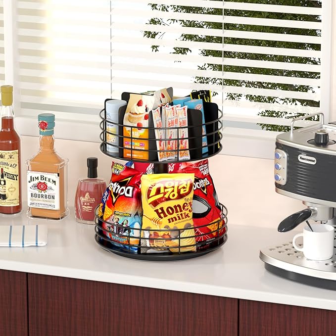 Snack Organizer - Versatile Snack Storage 2 Tier Lazy Susan with Convenient Grab-and-Go Design, Metal Snack Holder for Home, Office, Breakroom, 11.85" L x 11.85" W x 13.3" H (Matte Black)