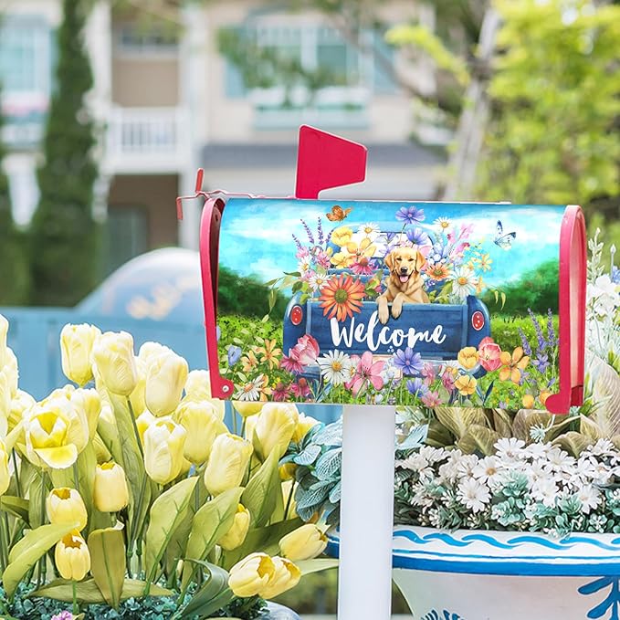 Spring Truck Mailbox Cover Magnetic Welcome Flower Cute Golden Retriever Dog Letter Box Blue Pickup Colorful Flower Butterfly Decorative Waterproof Post Box Covers For Garden Yard Outside