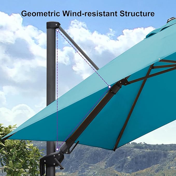 PURPLE LEAF 8.2' X 11.5' Tilting Patio Umbrella with Base Outdoor Cantilever Swivel Rectangle Umbrella Aluminum Offset Umbrella with 360-degree Rotation for Garden Deck Pool Patio Turquoise Blue