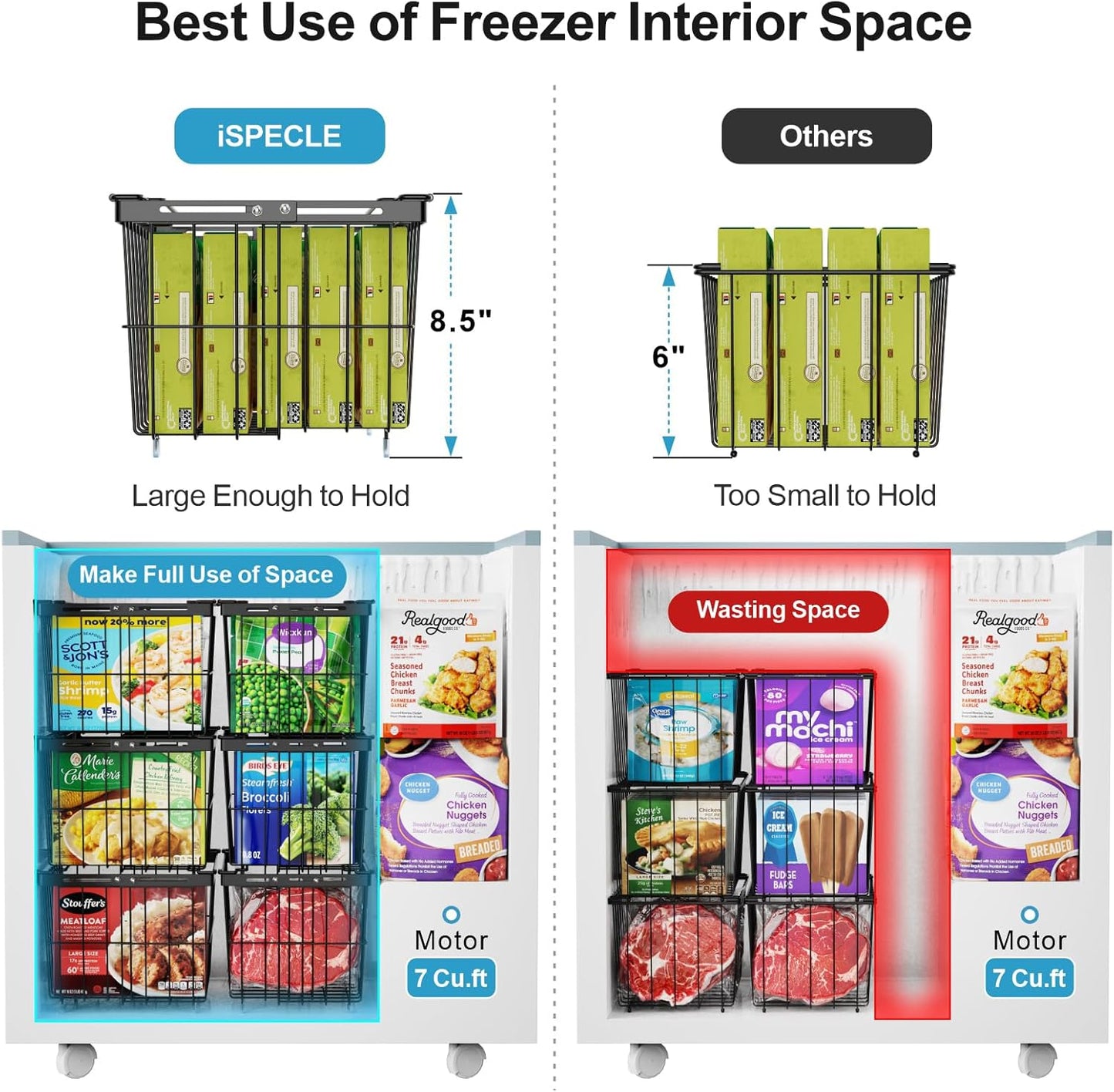 iSPECLE Freezer Organizer Bins - 2 Pcs Hanging Baskets for Deep Freezer, Adjustable Wider & Deeper Chest Freezer Organizer Bins for 5 to 9 Cu Ft, Extra Large & Easy Organize, Black
