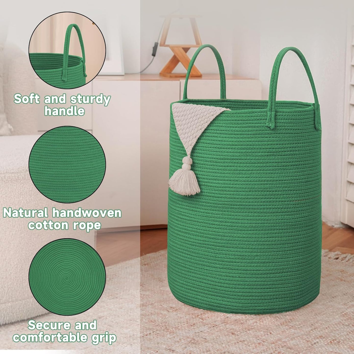 Large Woven Laundry Basket Hamper,100L Cotton Rope Storage Bin for Blankets,Toys and Clothes,Decorative Tall Nursery Hamper for Living Room,Baby Nursery,Bathroom and Bedroom,Dark Green