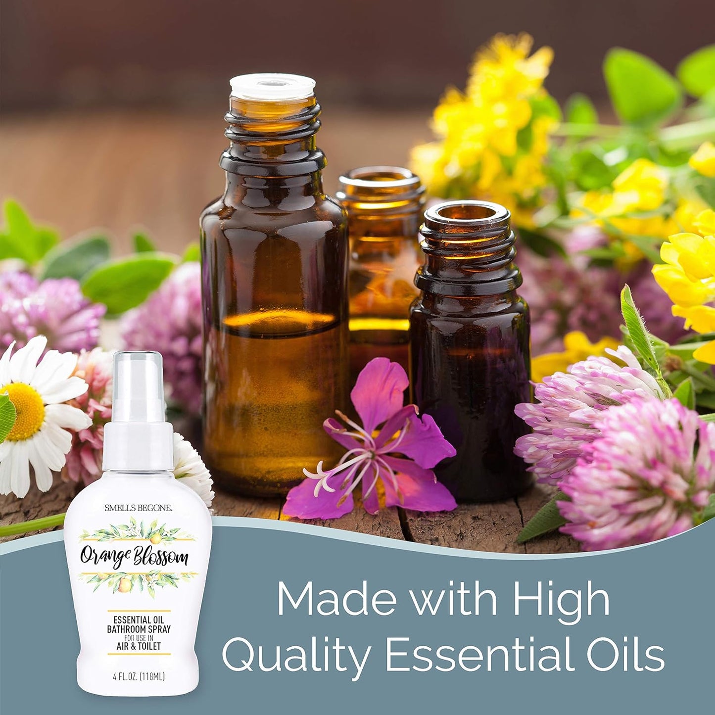 SMELLS BEGONE 4 oz Essential Oil Air Freshener Bathroom Spray - Eliminates Bathroom & Toilet Odors - Made with Essential Oils - Orange Blossom Scent
