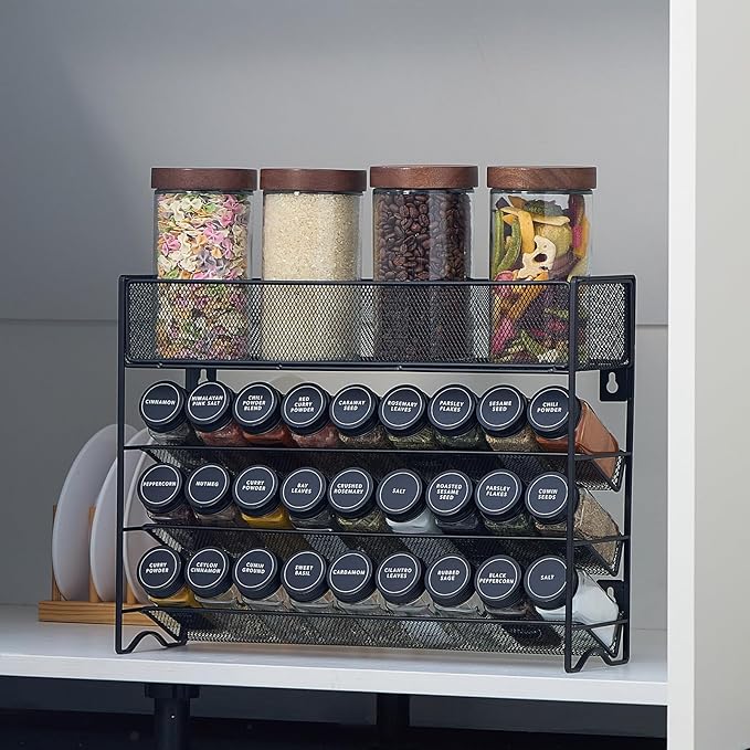 Spice Rack Organizer with 27 Spice Jars with Black Lids, Funnel, Spice Labels, Chalk Marker, Seasoning Organizer for Cabinet, Countertop, Pantry, Kitchen,Cupboard or Door & Wall Mount