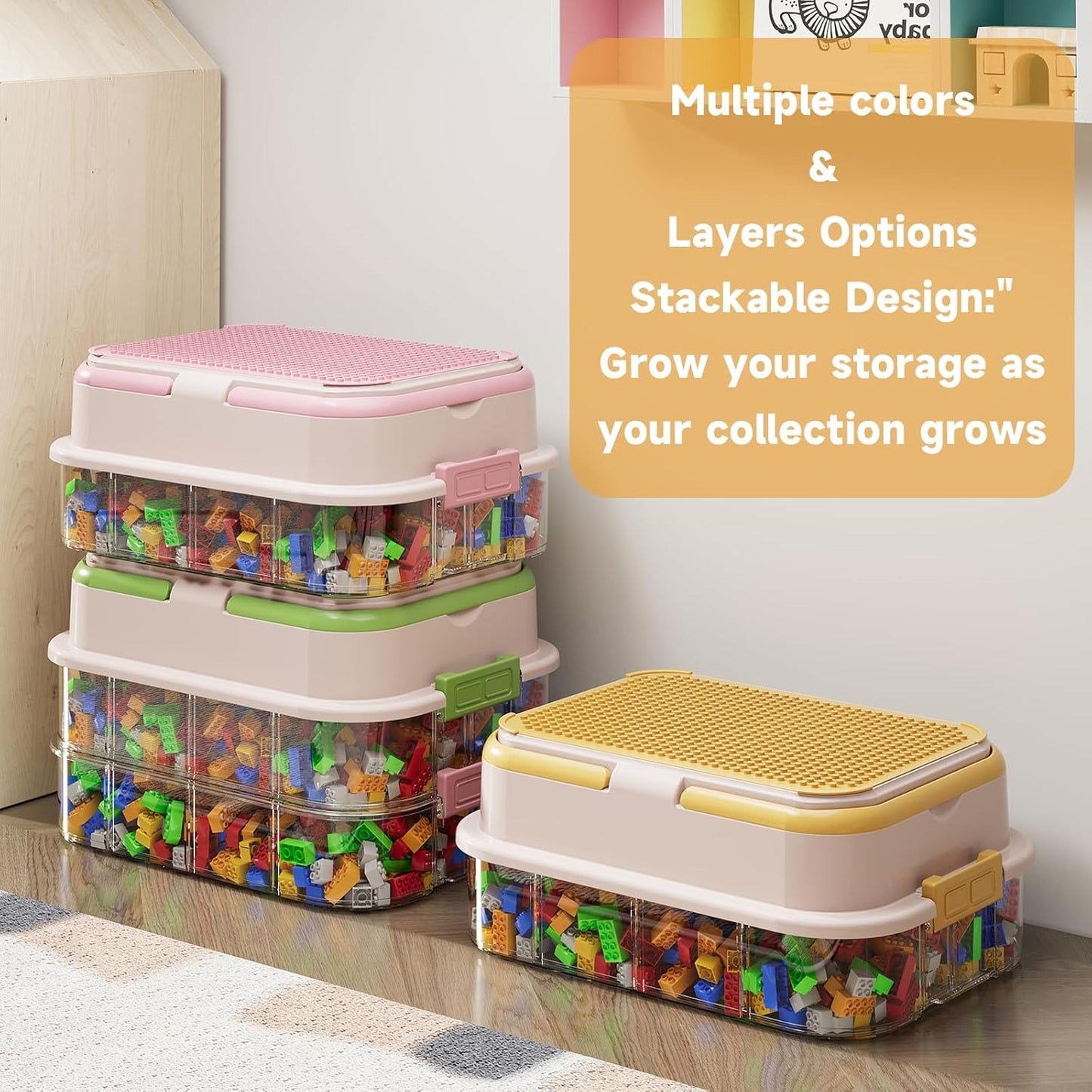 Toy Storage Organizer Box with Handle, Stackable Building Block Toy Box with Building Plate Lid & Removable Sorting Trays, Cubby Bins and Containers 1 Layer (Pink)