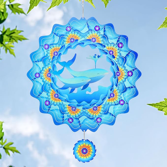 Whale Wind Spinners Garden Yard Decor Gift for Women Men, 12 Inch Outdoor Metal 3D Wind Spinner, Stainless Steel Hanging Wind Catchers Kinetic Sculpture for Outside Decoration