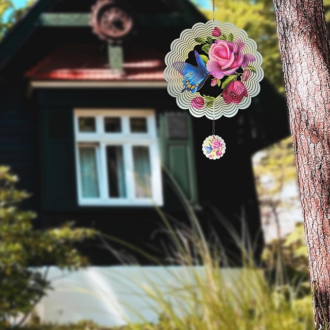 Butterfly Metal Wind Spinners - Gifts for Women Mom Grandma Wife, Hanging Wind Spinner for Outdoor & Indoor Decorations, 12 inch Wide, 21 inch Long, Wind Spinner for Christmas Ornament Gifts