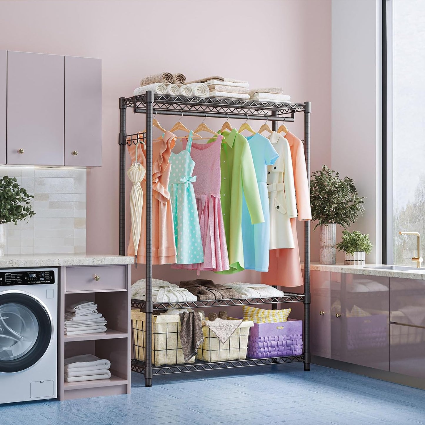 IZEUK 3 Tier Heavy Duty Garment Rack Wire Clothes Rack for Hanging Clothes, Metal Freestanding Closet Wardrobe Rack with 1 Rod and Side Hooks Dark Grey 15.7" D x 45.3" W x 72.4" H