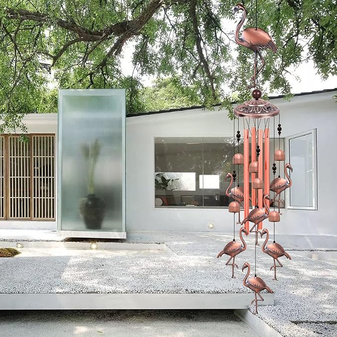 Outdoor Flamingo Wind Chimes Decor Gifts for Mom, Home, Garden, Rooms, Patio, Indoor, Outdoor Flamingo Decoration, Garden Flamingos Wind Catcher, Flamingo Wind Bells, Red Copper Flamingos Wind Chimes