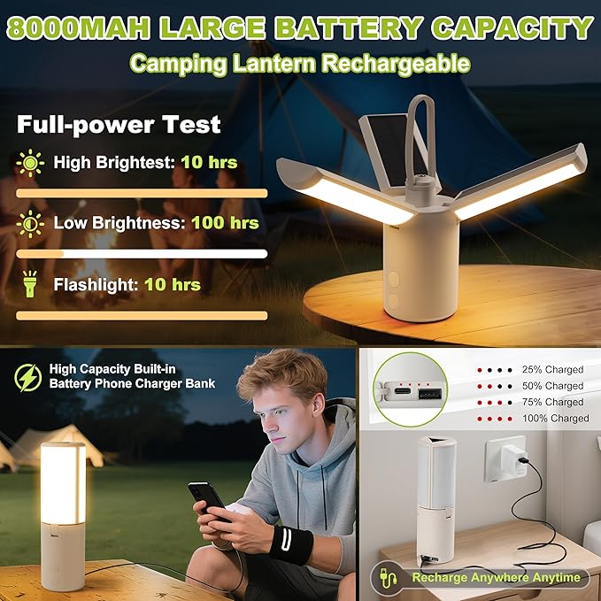Solar Camping Lantern 8000mAhâRechargeable,Foldable Camping Light,Stepless Dimming,Flashlight & SOS Modes,USB Charging,Waterproof & Portable Handle,Ideal for Camping,Emergency,Travel,Outdoor,Home Use