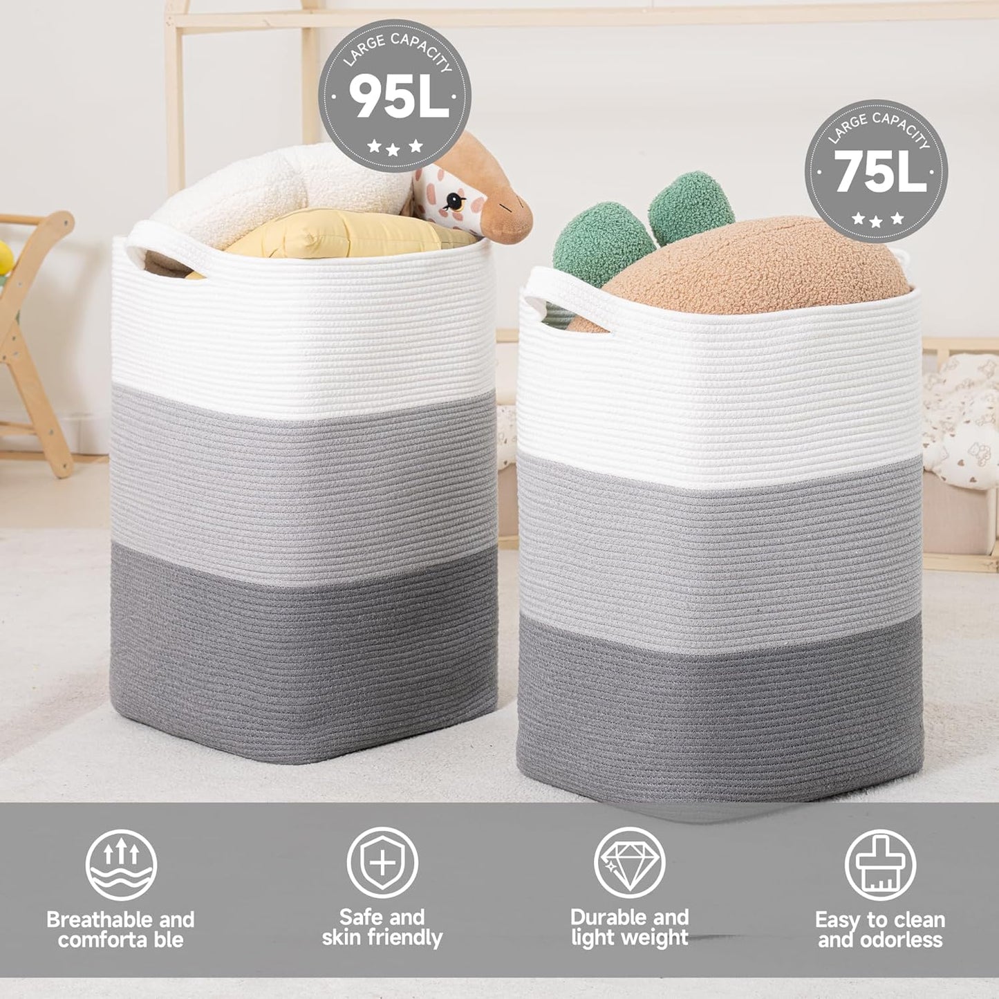 CLHMILY&Z 75L Laundry Basket Rectangular Grey Rope - 16x13x22 Inches - Dirty Clothes and Soft Storage Bin for Blankets, Toys, and Nursery Essentials
