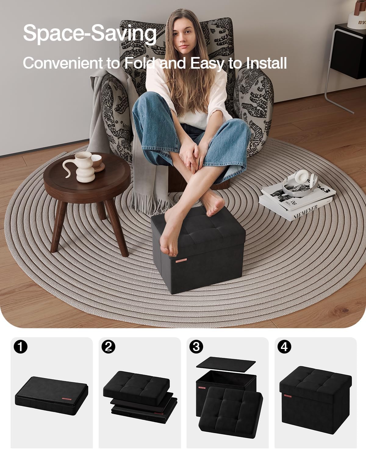 Folding Storage Ottoman, Velvet Storage Bench, Footrest, Foot Stool, for Living Room, Bedroom and Office,12.2 x 16.1 x 12.2 Inches, 200 kg Load Capacity, Ink Black,UASND03B