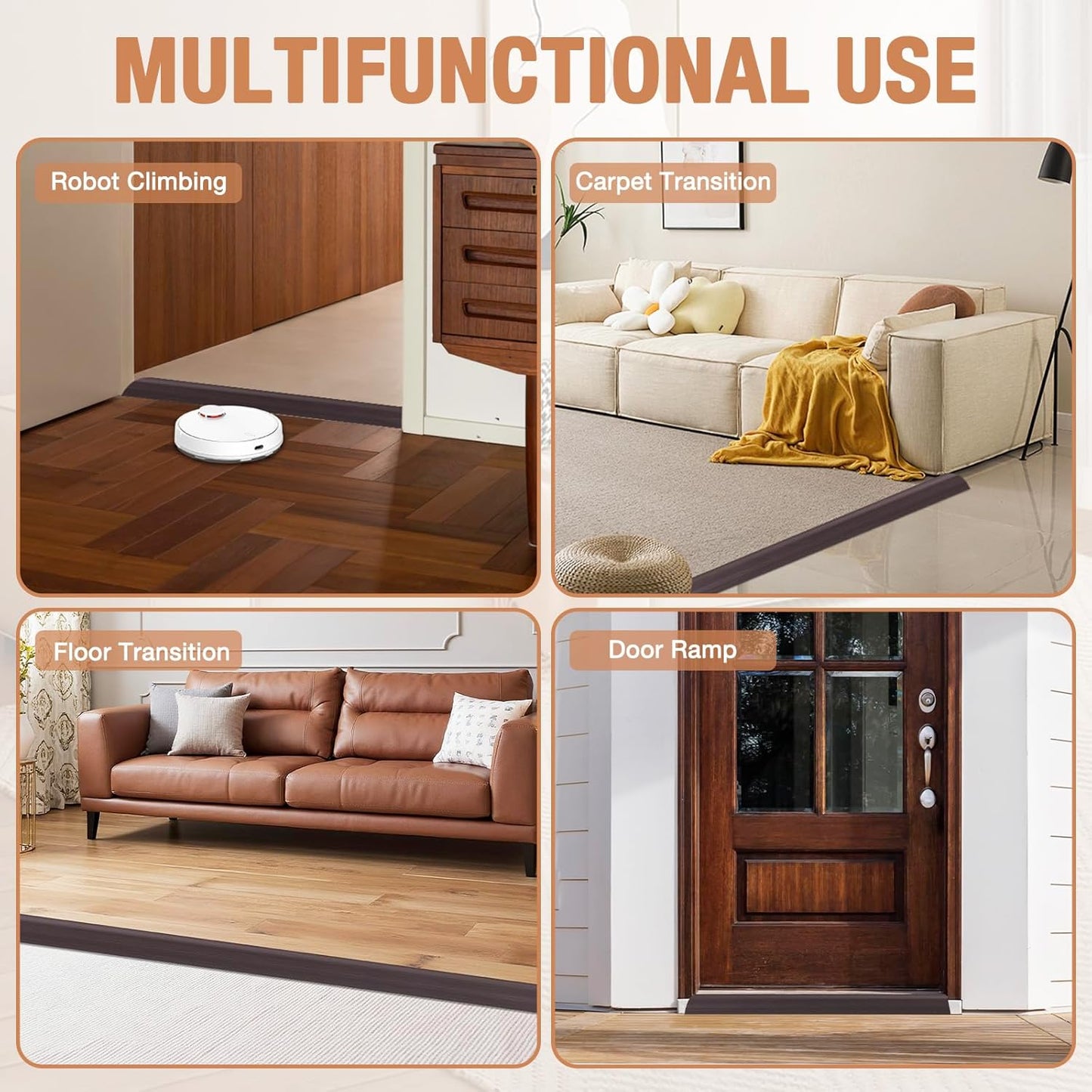 Floor Transition Strip Self Adhesive Vinyl Door Threshold for Doorways Carpet Edging Trim Overlap Edge Reducer for Laminate Floor, Carpet, Tile (Dark Walnut Grain, 1/5" to 2/5", 3.3Ft)