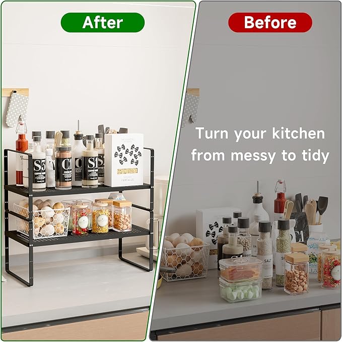 Expandable Kitchen Cabinet Shelf Organizer Rack Heavy Duty Metal Spice Rack Stackable Kitchen Counter Storage Shelf for Kitchen Cabinet Pantry Bathroom (Black - 16.5"-27" L x 8" W x 9.6" H - 2Pack)