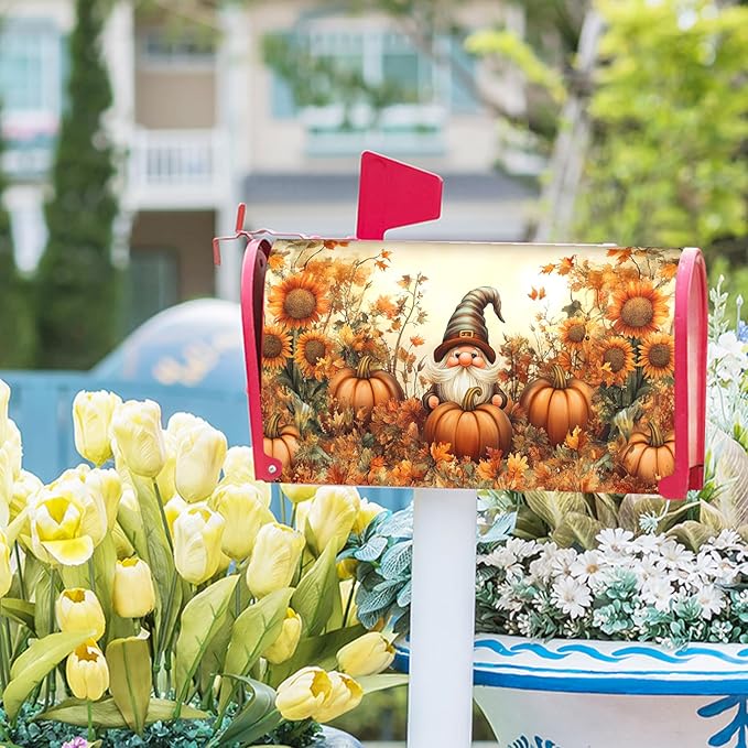 Fall Gnome Mailbox Cover Magnetic Standard Size 21x18 inch Autumn Pumpkin Sunflower Post Letter Box Wrap Seasonal Dust-Proof Letterbox Covers Protection for Home Outdoor Garden Yard