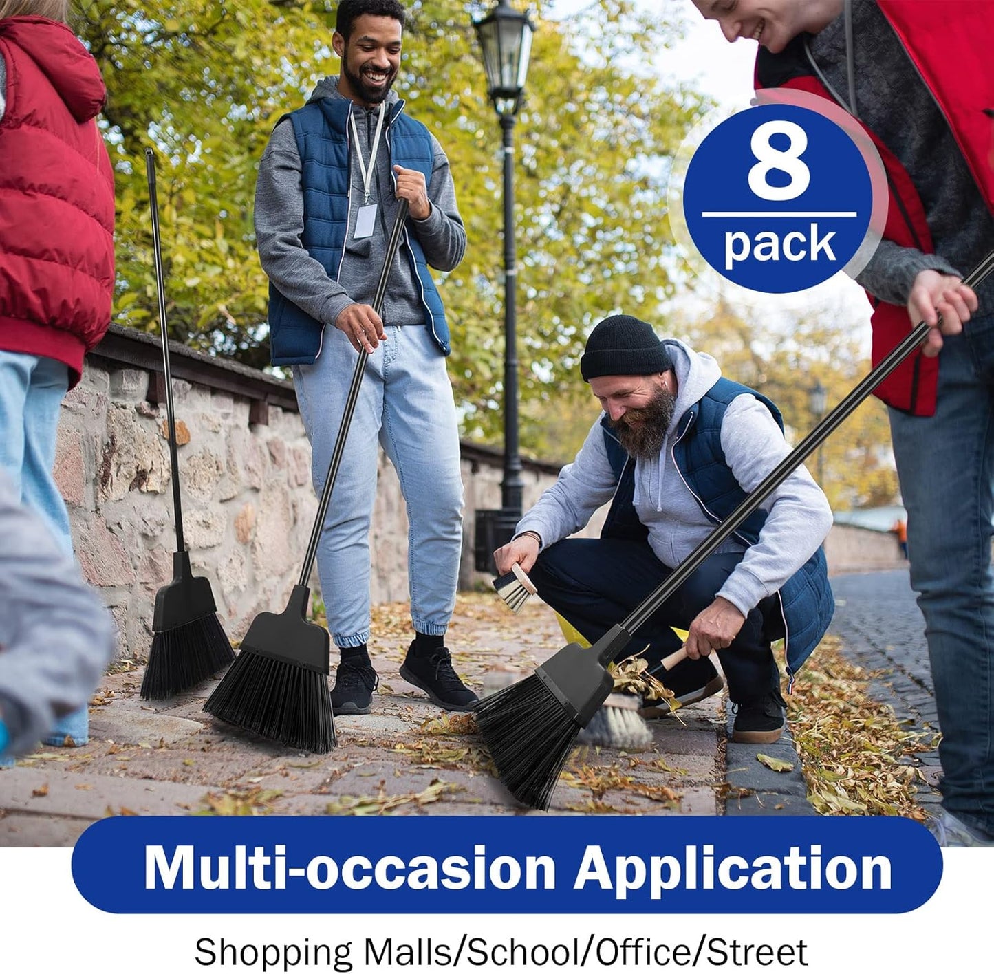 8 Pcs Outdoor Broom for Floor Cleaning 54 Inch Commercial Heavy Duty Broom Long Handle Kitchen Household Angle Brooms for Sweeper Sweeping Indoor Dust Hair Cleaner Corn Shop(Black)