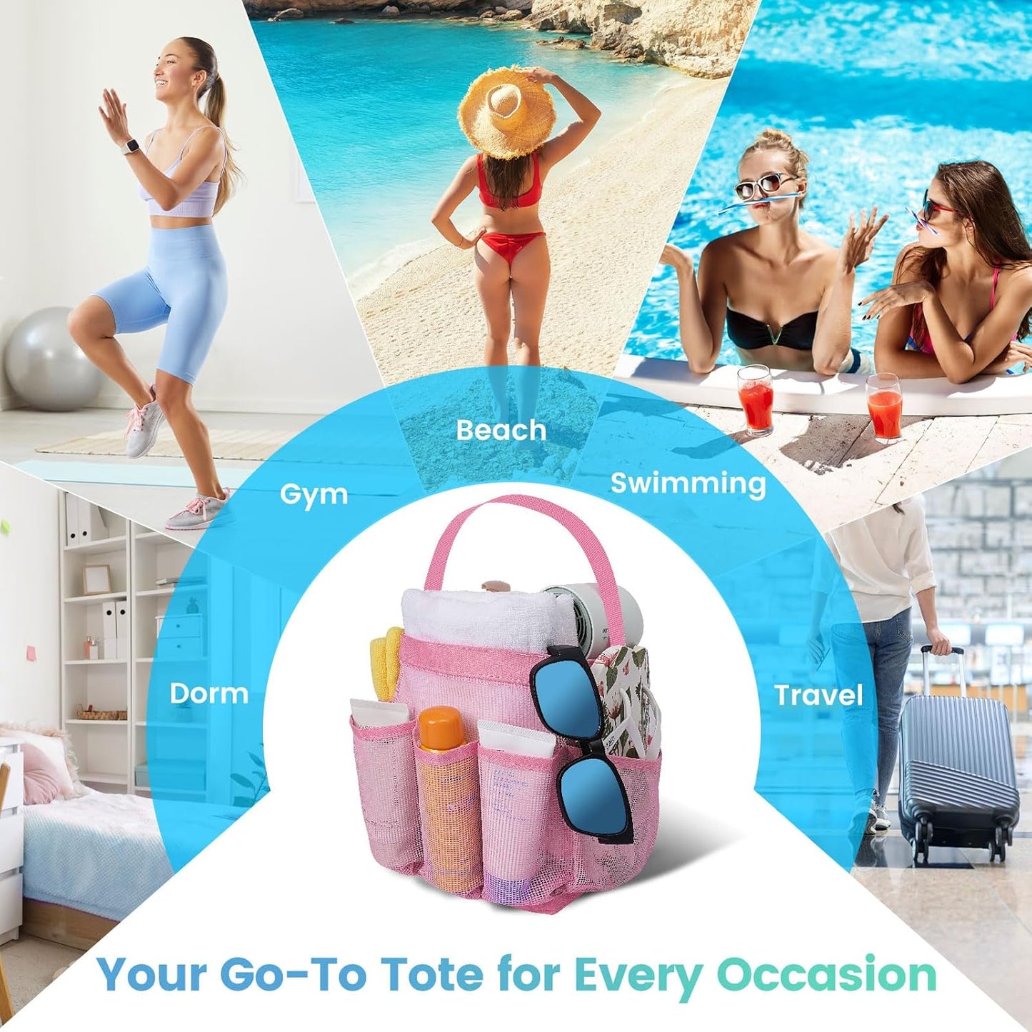 Shower Caddy Portable for College Dorm Room Essentials for Girls with 9 Pockets,Large-Capacity Shower Basket,Quick Dry Toiletry Tote Bag,Outdoor Gym,Travel,Swim,Beach Camping Essentials-Black and Pink