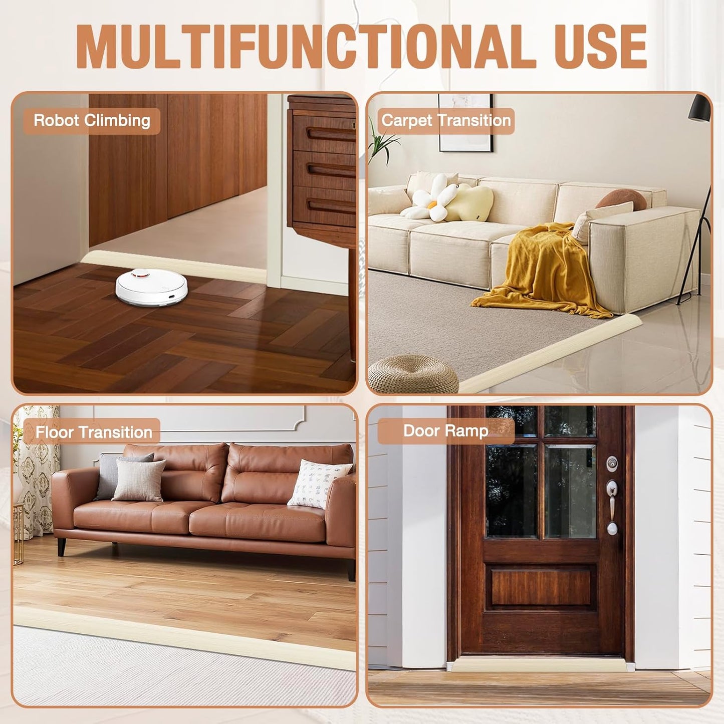 Floor Transition Strip Self Adhesive Vinyl Door Threshold for Doorways Carpet Edging Trim Overlap Edge Reducer for Laminate Floor, Carpet, Tile (Beige Wood Grain, 3/5" to 4/5", 3.3Ft)