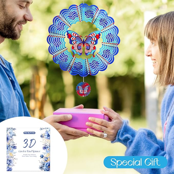 Butterfly Wind Spinners Garden Yard Decor Gift for Women Men, 12 Inch Outdoor Metal 3D Wind Spinner, July 4th American Flag Patriotic Wind Spinner Stainless Steel Hanging Outside Decoration