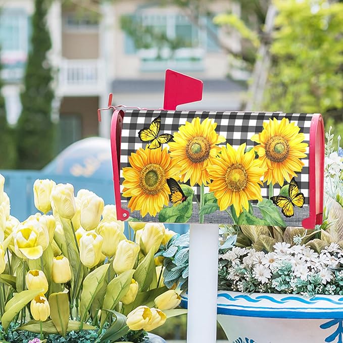 Sunflower Butterfly Magnetic Mailbox Cover Summer Flower Black White Buffalo Plaid Mailbox Cover Standard Size 21" x 18" Yellow Floral Post Letter Box Wraps for Outdoor Garden Yard Home Decor
