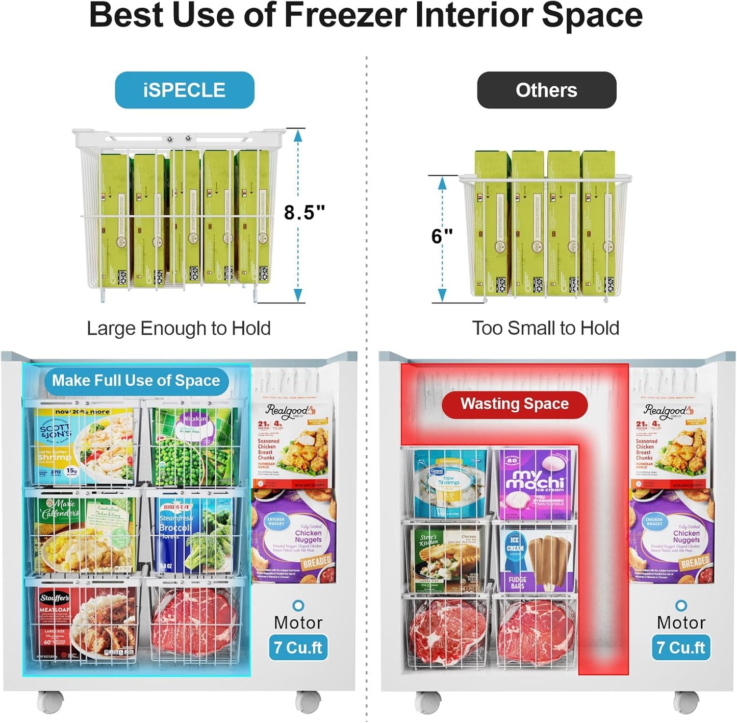 iSPECLE Freezer Organizer Bins - 1 Pc Hanging Basket & 2 Pcs Adjustable Wider & Deeper Chest Freezer Organizer Bins for 5 to 9 Cu Ft, Extra Large & Easy Organize Stackable Basket Store More, White