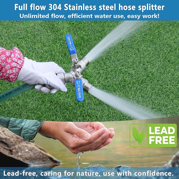304 Stainless Steel Garden Hose Splitter 2 Way Heavy Duty, Full Flow Y Valve Water Hose Splitter With Long Handle, Lead-free,3/4" GHT Thread