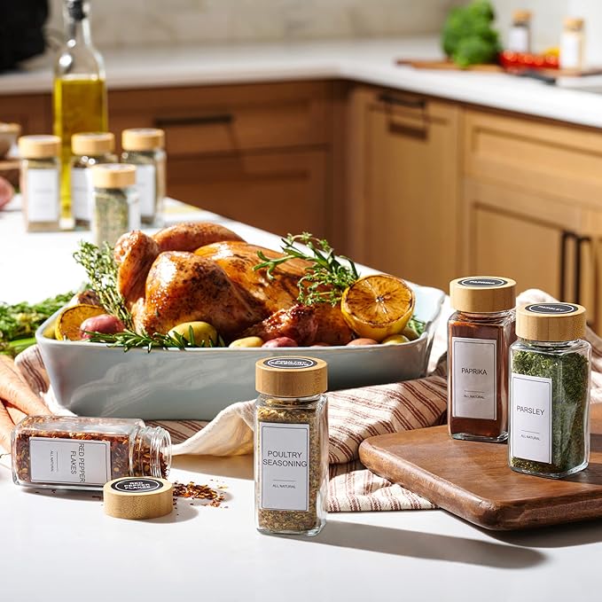 Set of 24 Glass Spice Jars with Various Labels, Bamboo Shaker Lids & Funnel, Kitchen Storage Jars with Airtight Lid, Spices & Seasonings Sets Organizer, Spice Containers, Glass Jar Food Canister