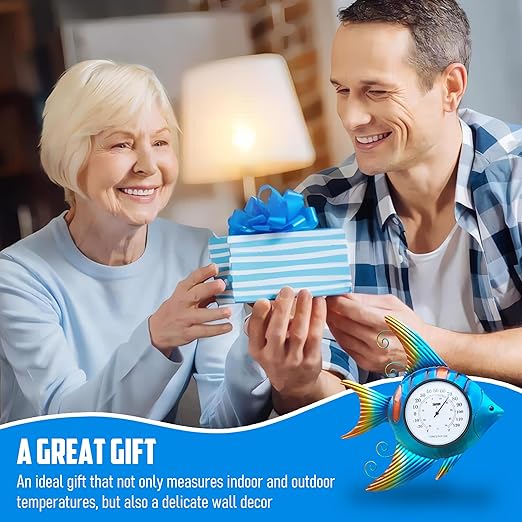 Fish-Shape Wall Thermometer, 11-Inch Battery-Free Temperature Gauge, Vintage Nautical Decor for Indoor & Outdoor Use, Auto-Calibrates in 3 Hours