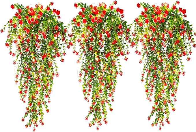 Vine Plant Fake Ferns Plants Large Faux Artificial Hanging Plants Wall Plants Artificial Hanging Plants Outdoors Fake Hanging Plant Greenery Vine with Lights for Outdoor Plants Decor 3 Pcs(Red)