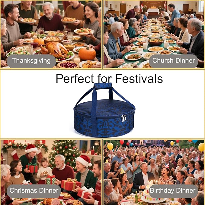 Round Portable Insulated Thermal Dish Carrier Bag for Pie and Cake Transport to Keep Food Hot/Cold/Fresh for Lunch, Potlucks Parties Gathering,Cookouts,Church Dinner,Outdoor Events-Pink