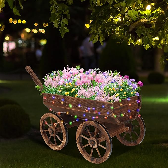 Wood Wagon Planter with Light for Outdoor Balcony Decor - Garden Rustic Wooden Flower Cart with Wheels for Outside Garden Decor Wheelbarrow Planter for Patio Christmas Decoration Gift Car