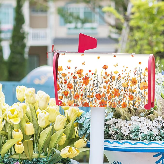 Watercolor Orange Flower Mailbox Covers Magnetic Large Size 25.5x21 Inch Fall Autumn Orange Daisy Floral Post Cover Watercolor Wildflowers Letter Box Wrap for Home Garden Yard Outside