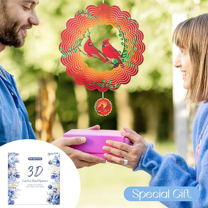 Cardinal Wind Spinners Garden Yard Decor Gift for Women Men, 12 Inch Outdoor Metal 3D Wind Spinner, Stainless Steel Hanging Wind Catchers Kinetic Sculpture for Outside Decoration