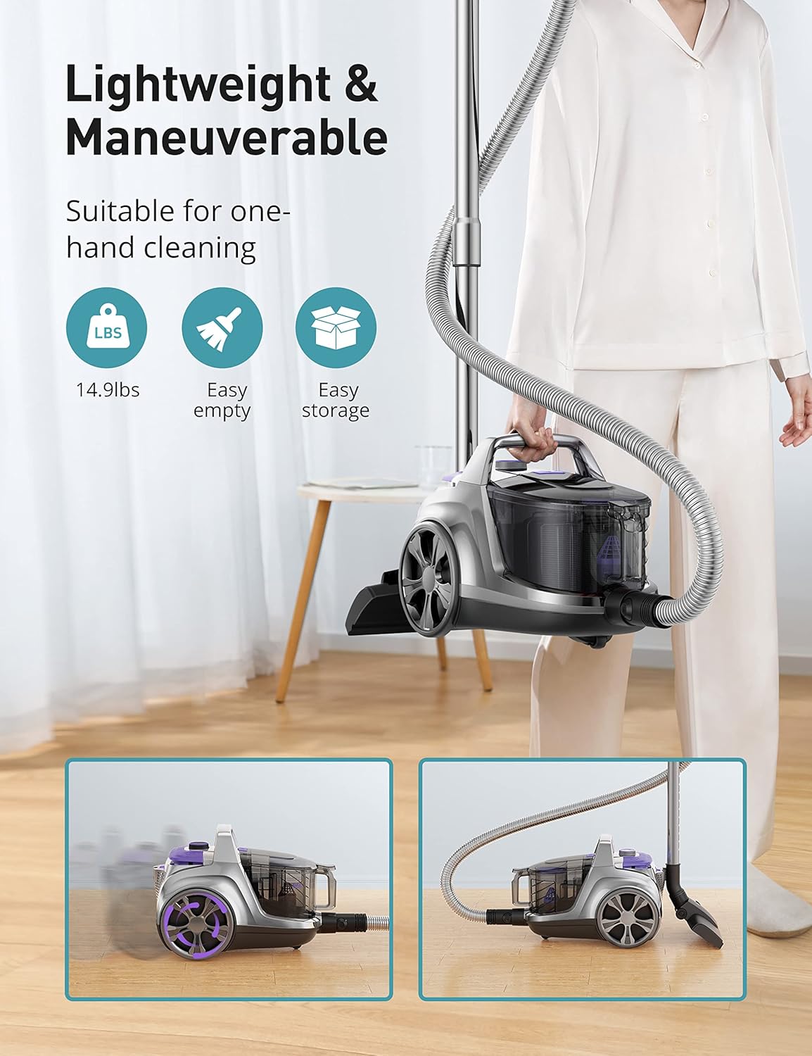 Aspiron Canister Vacuum, Upgraded 1600W Bagless Canister Vacuum Cleaner, Auto Cord Rewind, H13 HEPA Filter, 3.7Qt Large Capacity, 5 Tools for Hard Floors, Carpet, Pet, Upholstery, Tiles, Car, Lavender