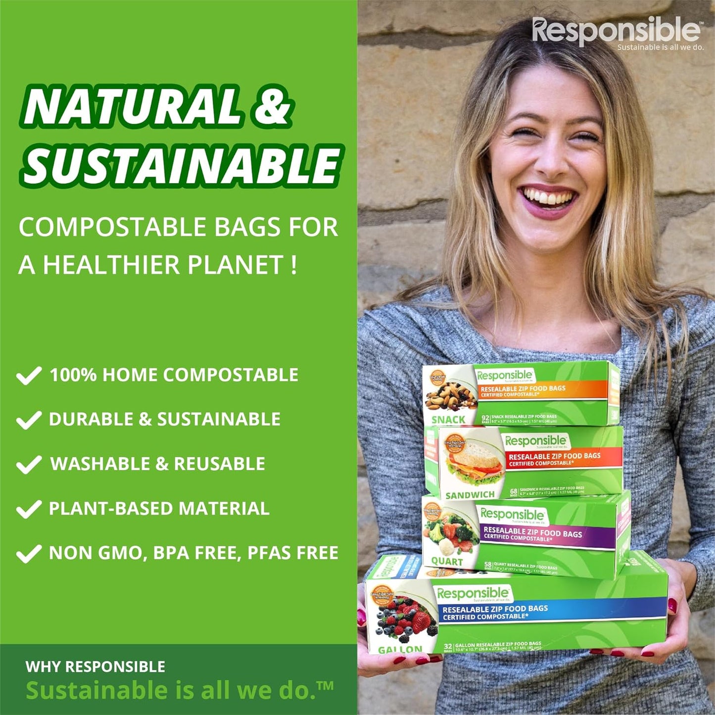 Responsible Products Certified Compostable QUART Resealable Zip Bag, Extra Strength Food Bags, Plant-Based Freezer-Safe (26 Pack)