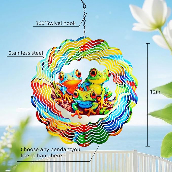 Frog Wind Spinners Outdoor,12 inch 3D Hanging Wind Spinner Garden Decor Gifts for Women/Men,Metal Wind Kinetic Sculpture Decorations for Patio,Yard Art,Porch,Yard,Deck