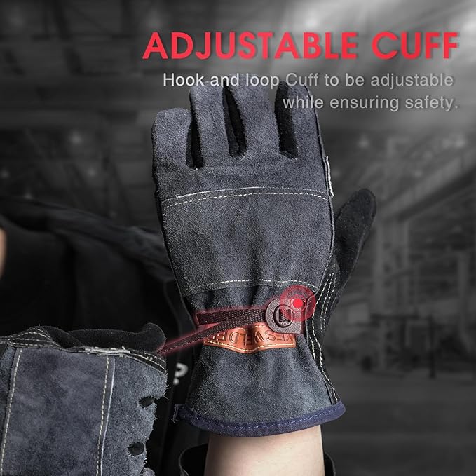 YESWELDER Leather Work Gloves for Men or Women,Suitable for welding | gardening |construction etc. Cowhide leather with cotton lining, wrist closure, grippy and durable.Reinforced palm,Black-gray M