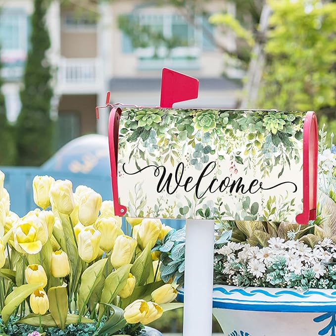 Spring Eucalyptus Leaves Mailbox Covers Magnetic Welcome Post Letter Box Wrap Standard Size 21''x18'' Green Leaves Summer Dust-Proof Letterbox Decor Seasonal Postbox Cover for Outdoor Garden Yard