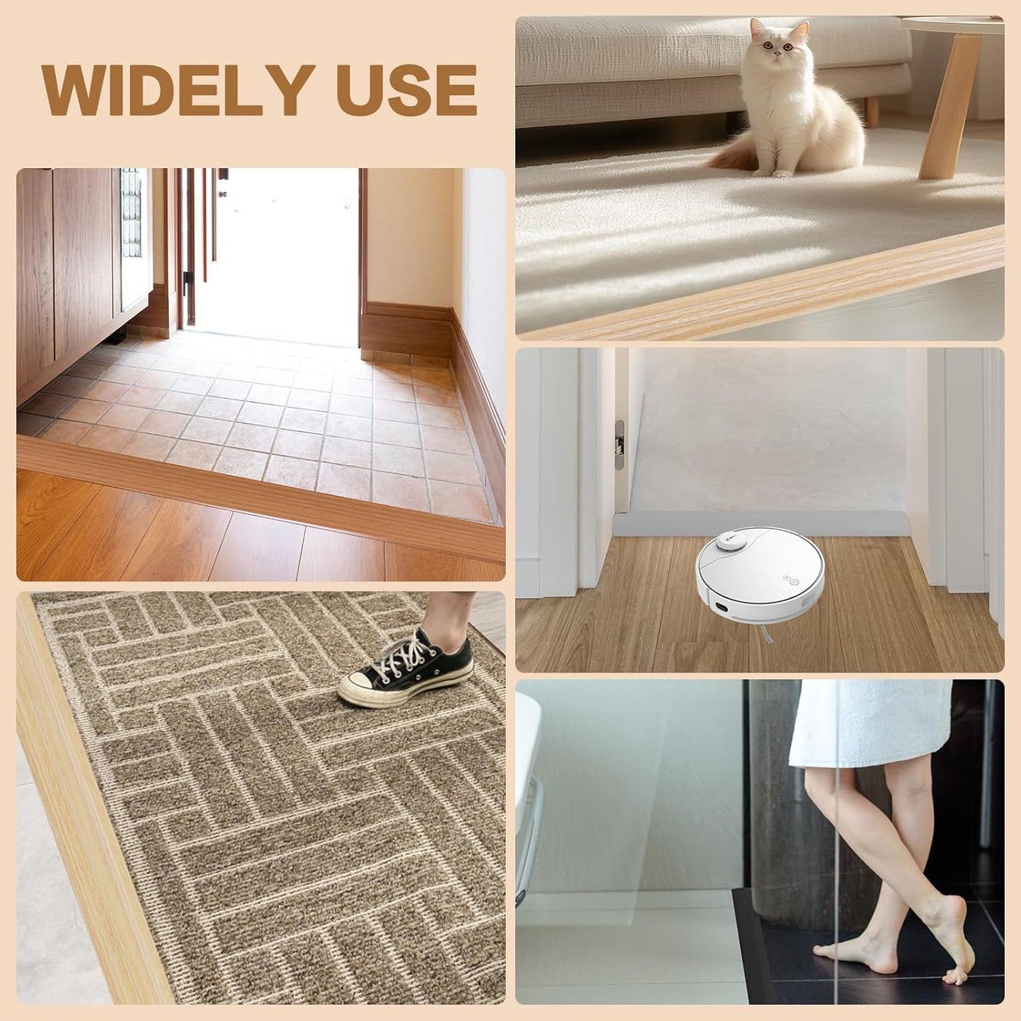 Floor Transition Strip Vinyl Door Threshold Ramp Self Adhesive Carpet Edging Strip Doorway Edge Trim, Overlap Edge Reducer for Laminate Carpet, Floor, Tile (Light Yellow Grain, 3/5" to 4/5", 6.6Ft)