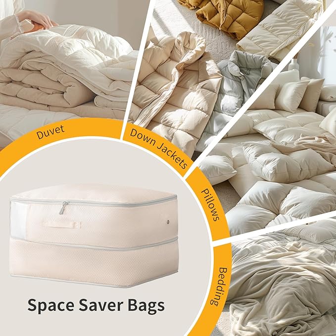 DIMJ 66L Comforter Storage Bag - 3 Pack Space-Saving Self-Compression Bags for Blankets, Duvets, Pillows, Bedding, and Down Jackets with Clear Window and Handle