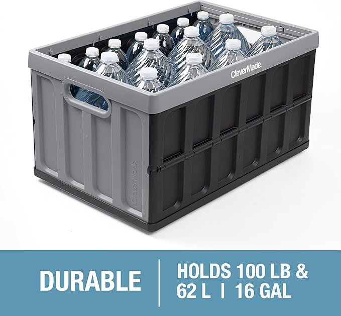 CleverMade Collapsible Storage Bins - Stone 3 Pack 62L / 16 Gal holds 100 lbs - Stackable Containers Heavy Duty Capacity Crates Space-Saving