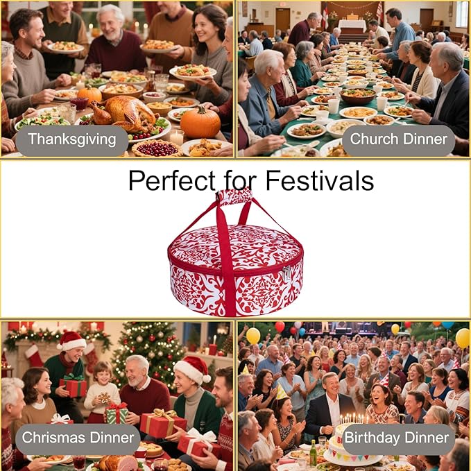 Round Insulated Pie Carrier – Thermal Portable Lunch Transport Cheesecake Cake Dish Container Bag Keep Food Hot/Cold/Fresh for Potlucks Parties Gathering/Cookouts/Church Dinner/Outdoor Events-Red