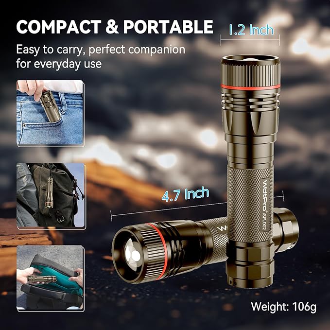 WdtPro Rechargeable Flashlights High Lumens, 1 Pack 10H Long Lasting Super Bright EDC Flashlights, LED Mini Tactical Flash Lights for Camping Emergency, Drop & Water Resistant Brown(Battery Included)