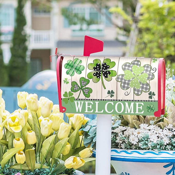 Welcome St Patrick's Day Holiday Magnetic Mailbox Covers Large Size 25.5x21in Lucky Shamrocks Clover Mail Box Wraps Green Leaves Wooden Decorative Letter Post Box Cover for Home Garden Outside