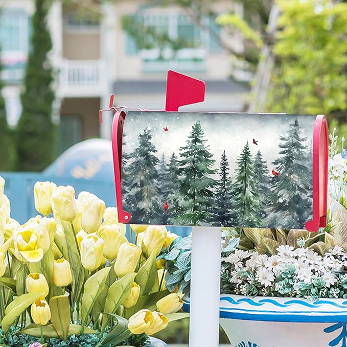 Winter Watercolor Tree Magnetic Mailbox Cover Large Size 25.5x21 Inch Christmas Dark Green Pine Trees Mail Box Post Cover Rustic Forest Red Bird Letter Box Wraps for Home Outdoor Garden Yard Decor