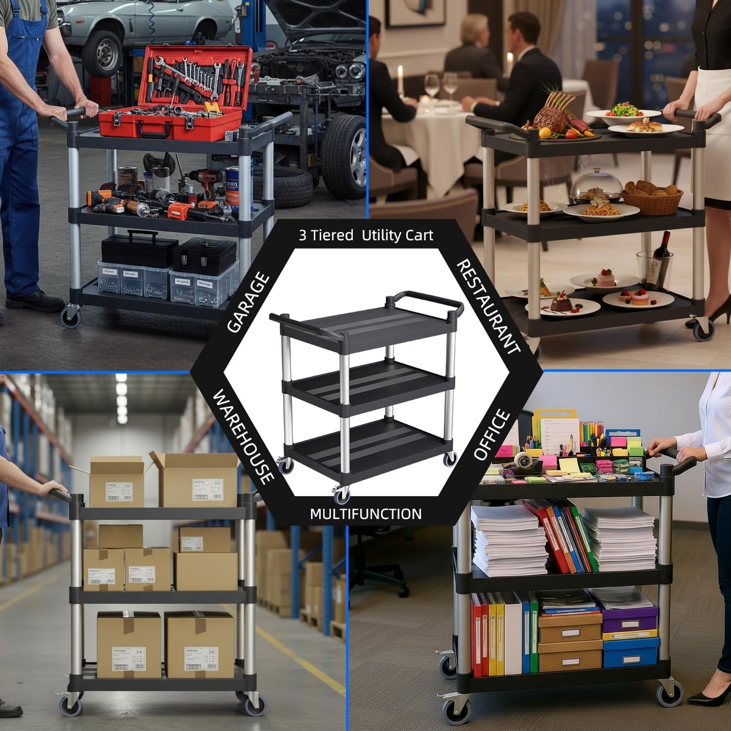 Plastic Utility Carts with Wheels, 3-Tier Rolling Service Cart, 300 lbs Heavy Duty Capacity with 4 inch Silent Casters(2 Lockable), for Home, Office, Restaurant, Warehouse.31.5"× 16" × 38"