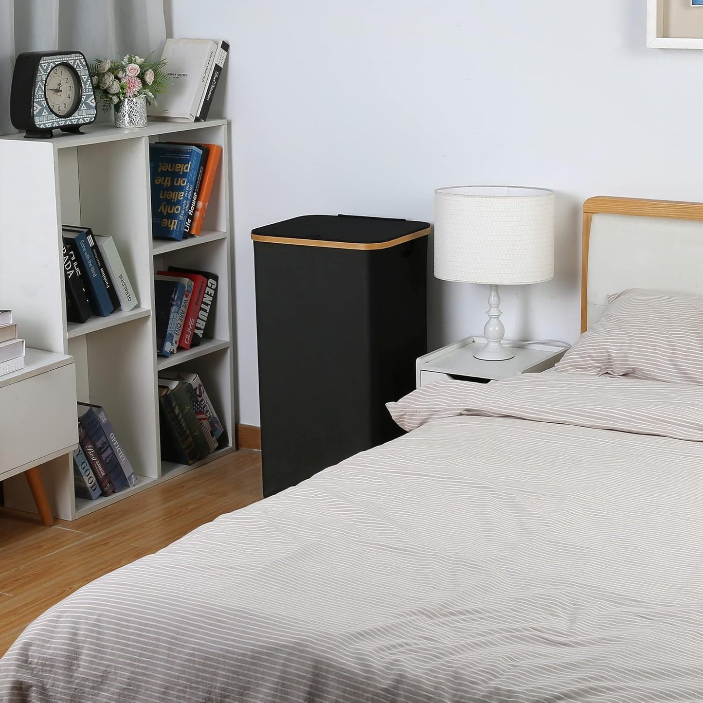 100L Laundry Basket with Lid and Net Bag, Tall Laundry Hamper with Bamboo Handles, Aesthetic Dirty Clothes Bin for Laundry Room, Bathroom, Bedroom and Dorm, Black