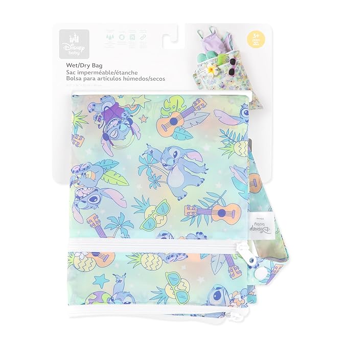 Bumkins Disney Waterproof Wet Dry Bag for Baby, Travel, Swimsuit, Cloth Diapers, Pump Parts, Pool, Beach, Gym Clothes, Toiletry, Hook to Stroller, Daycare, Zipper Reusable Wetdry Packing, Aloha Stitch